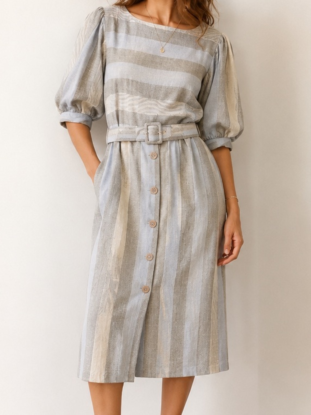 Vintage 90s Linen Blend Belted Midi Dress Coastal Cottagecore Quiet Luxury L